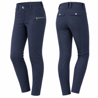 Bajolek MSK024 junior Signature Full-Seat Breeches in dark blue, front and back views; navy mark on phone-pocket panel