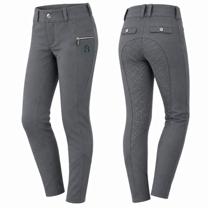 Bajolek MSK024 junior Signature Full-Seat Breeches in grey, front and back views; navy mark on phone-pocket panel