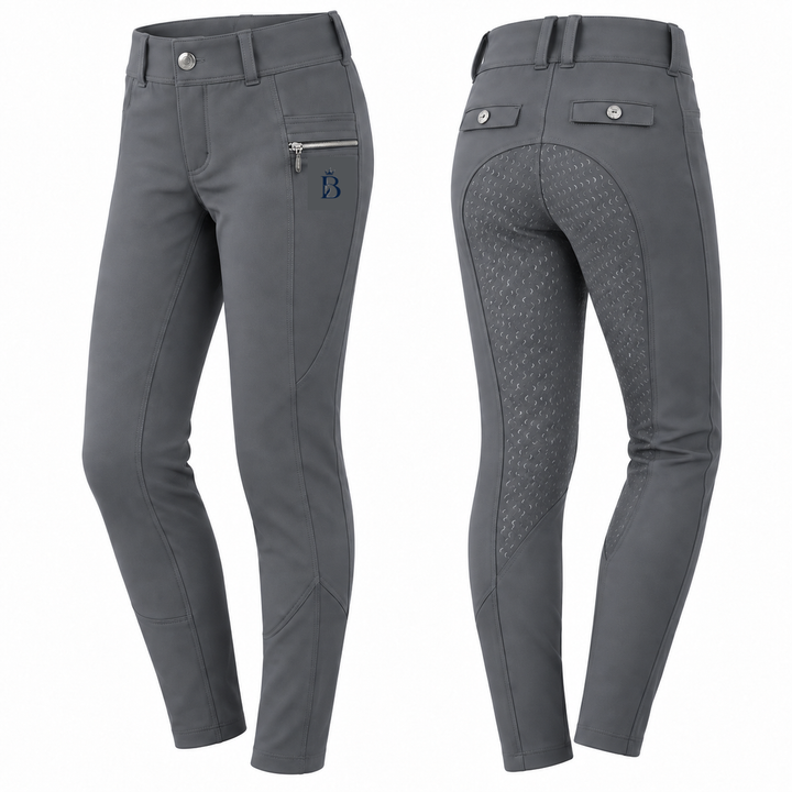 Bajolek MSK024 junior Signature Full-Seat Breeches in grey, front and back views; navy mark on phone-pocket panel
