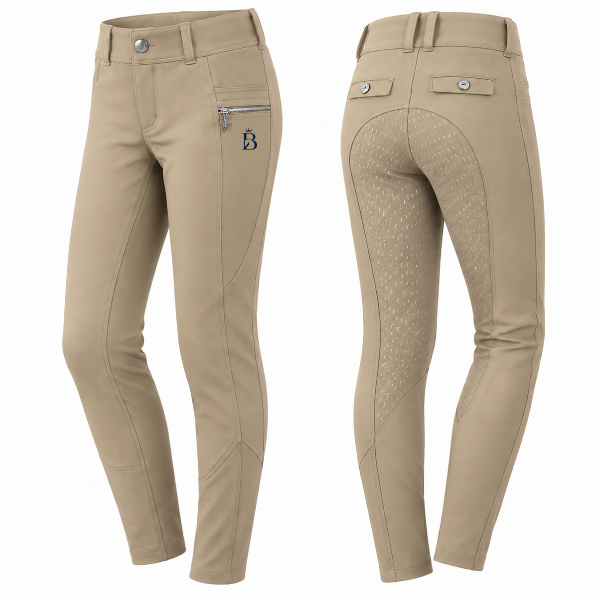 Bajolek MSK024 junior Signature Full-Seat Breeches in khaki, front and back views; navy mark on phone-pocket panel