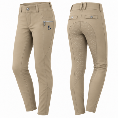 Bajolek MSK024 junior Signature Full-Seat Breeches in khaki, front and back views; navy mark on phone-pocket panel
