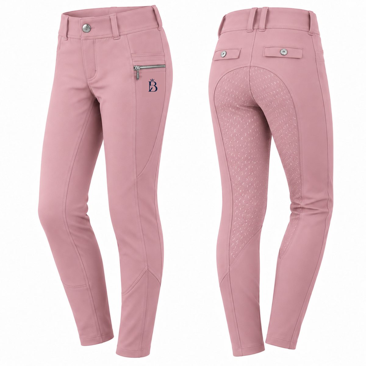 Bajolek MSK024 junior Signature Full-Seat Breeches in pink, front and back views; navy mark on phone-pocket panel