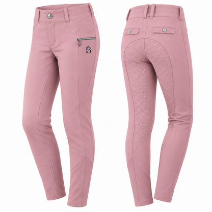 Bajolek MSK024 junior Signature Full-Seat Breeches in pink, front and back views; navy mark on phone-pocket panel