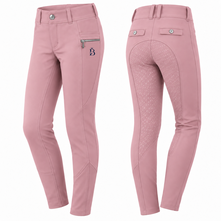 Bajolek MSK024 junior Signature Full-Seat Breeches in pink, front and back views; navy mark on phone-pocket panel