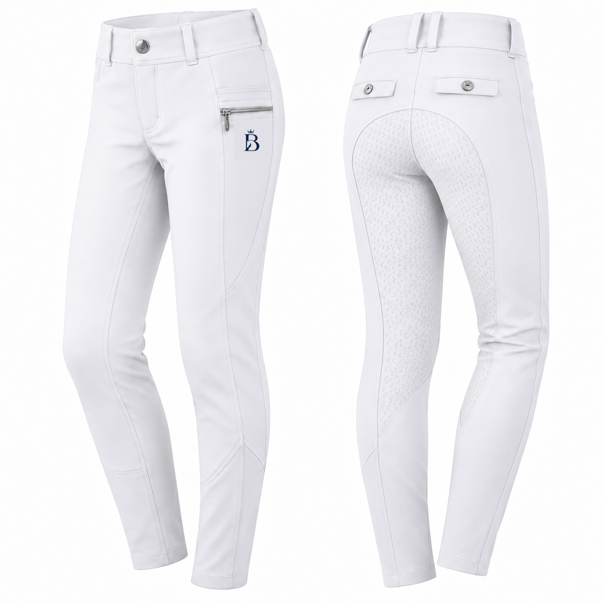 Bajolek MSK024 junior Signature Full-Seat Breeches in white, front and back views; navy mark on phone-pocket panel
