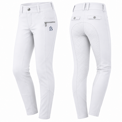 Bajolek MSK024 junior Signature Full-Seat Breeches in white, front and back views; navy mark on phone-pocket panel