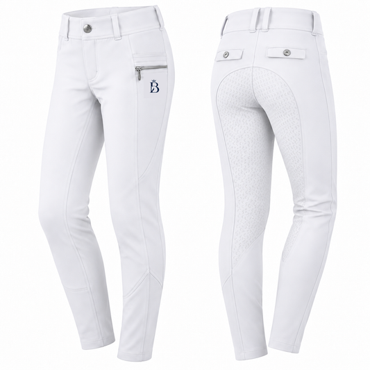 Bajolek MSK024 junior Signature Full-Seat Breeches in white, front and back views; navy mark on phone-pocket panel