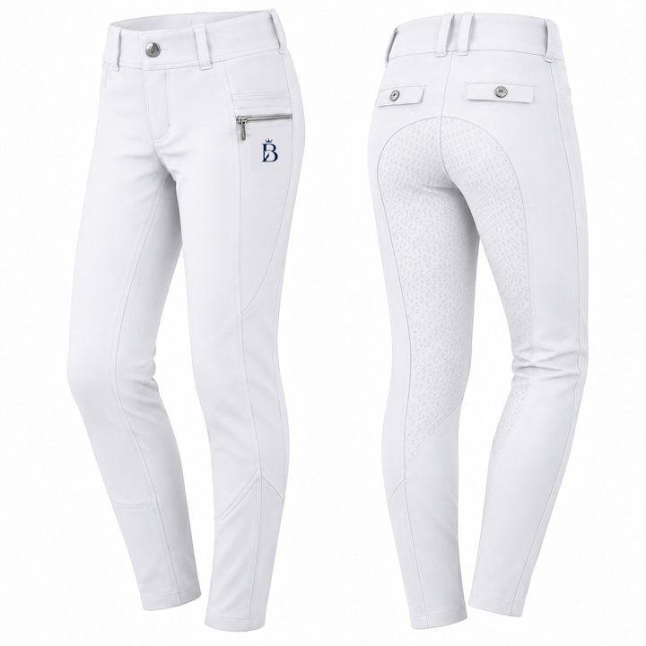 Bajolek MSK024 junior Signature Full-Seat Breeches in white, front and back views; navy mark on phone-pocket panel