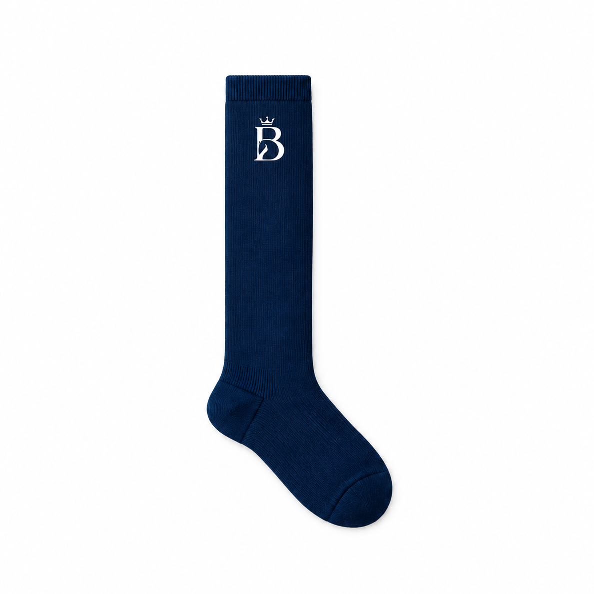 Bajolek navy knee-high riding sock with a white crowned-B emblem