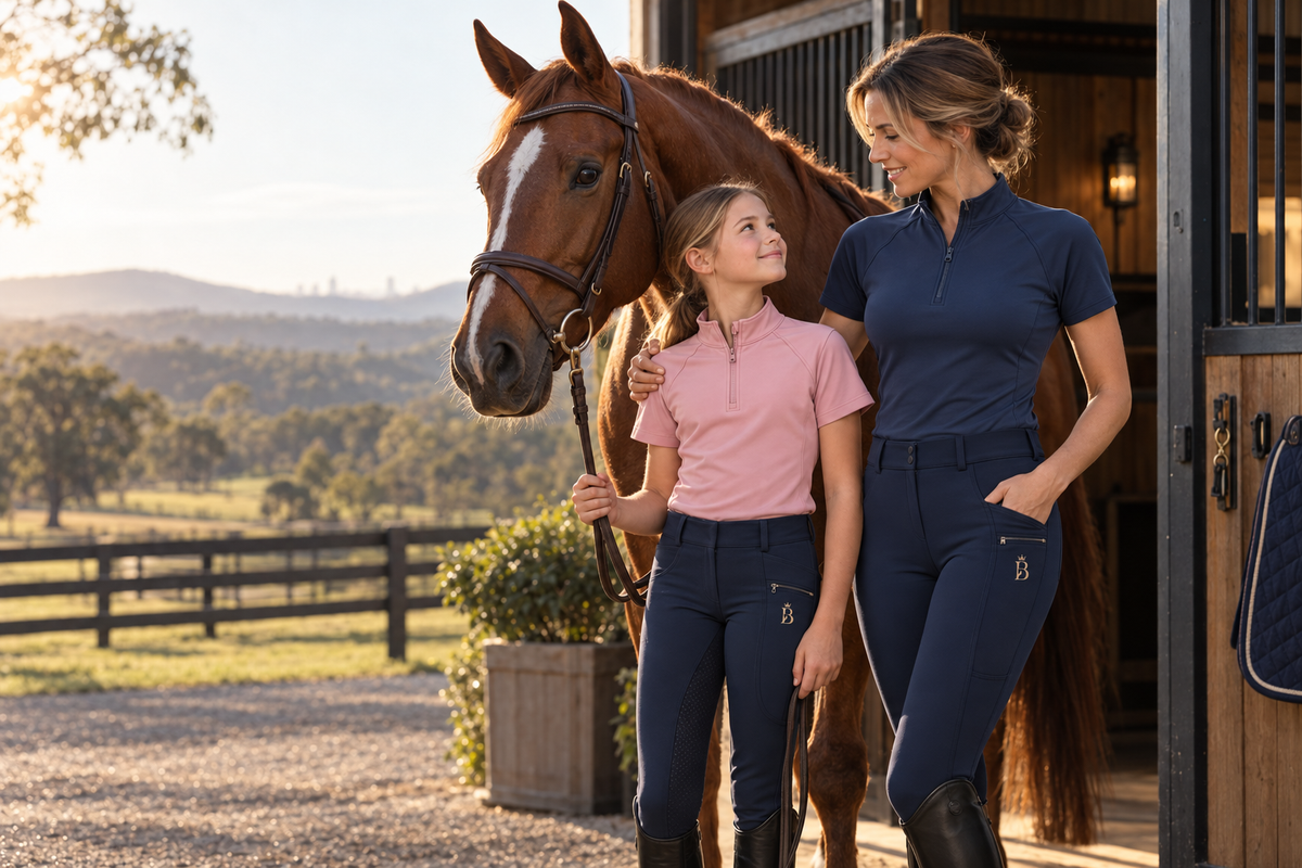 Mother and daughter in Bajolek riding clothes with a chestnut horse