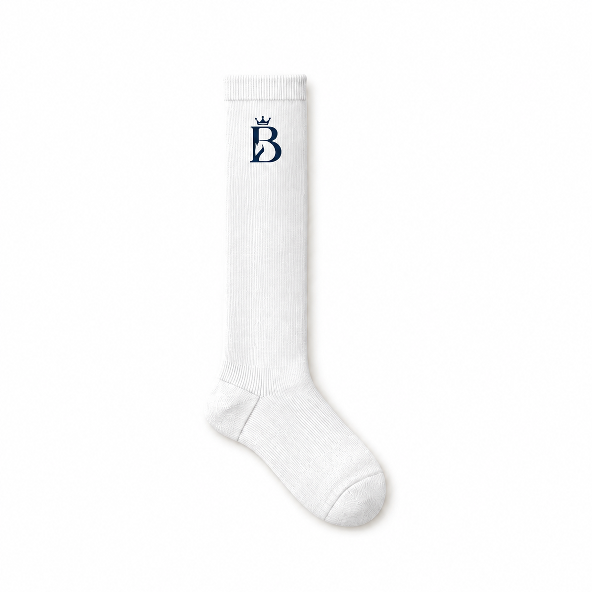 Bajolek white knee-high riding sock with a navy crowned-B emblem