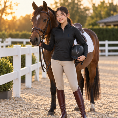 Bajolek junior black long-sleeve riding top beside a horse at sunset