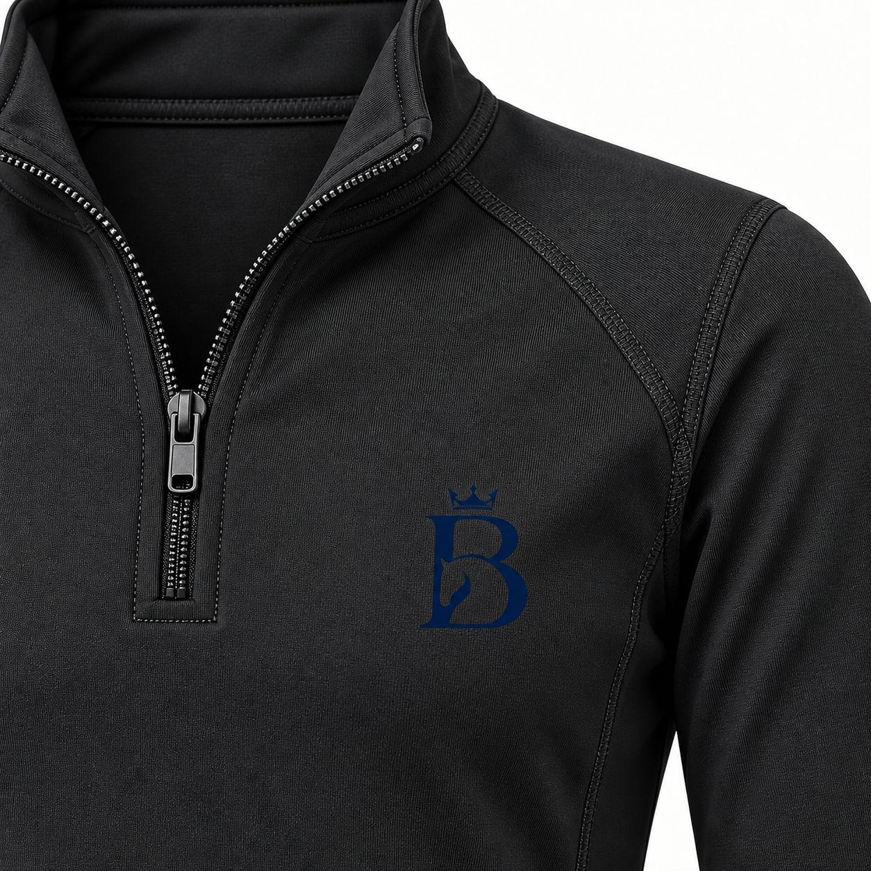 Close-up of Bajolek junior black long-sleeve riding top technical fabric, quarter zip and heat-transfer chest logo
