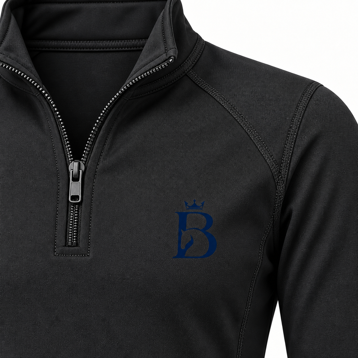 Close-up of Bajolek junior black long-sleeve riding top technical fabric, quarter zip and heat-transfer chest logo