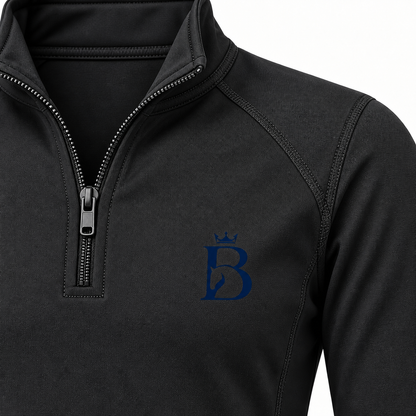 Close-up of Bajolek junior black long-sleeve riding top technical fabric, quarter zip and heat-transfer chest logo