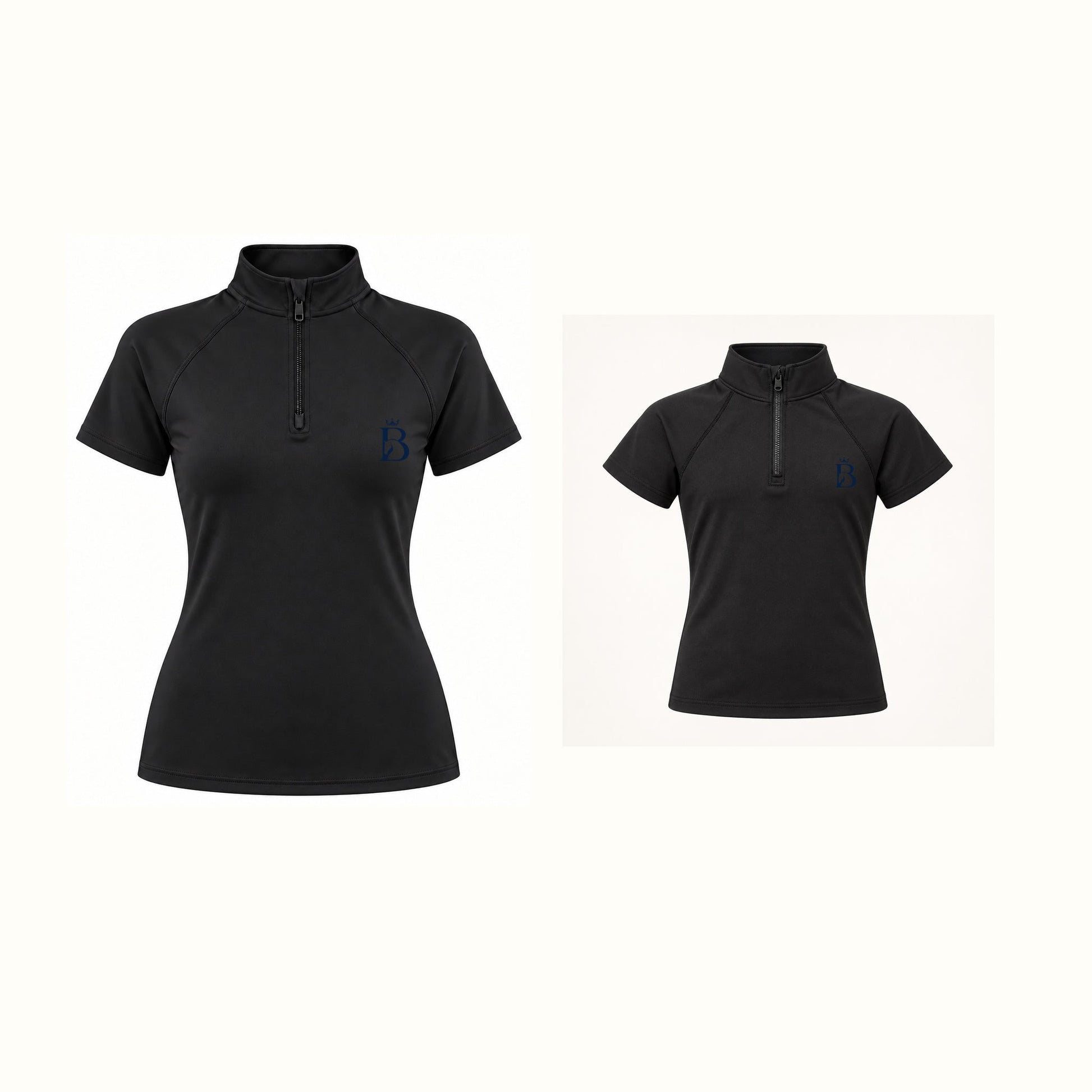 Bajolek Ride Together women’s and junior short-sleeve riding tops in black with navy left-chest logos