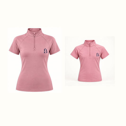 Bajolek Ride Together women’s and junior short-sleeve riding tops in pink with navy left-chest logos