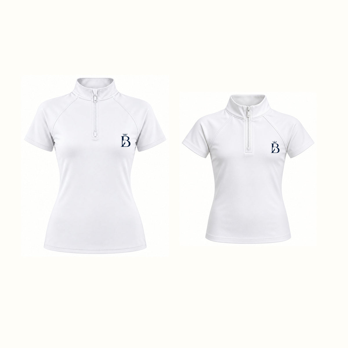 Bajolek Ride Together women’s and junior short-sleeve riding tops in white with navy left-chest logos